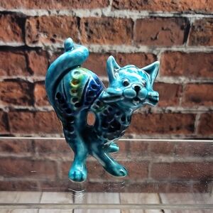 Vintage Enesco HTF Ceramic Kitschy Anthropomorphic Blue Green Cat Figurine
